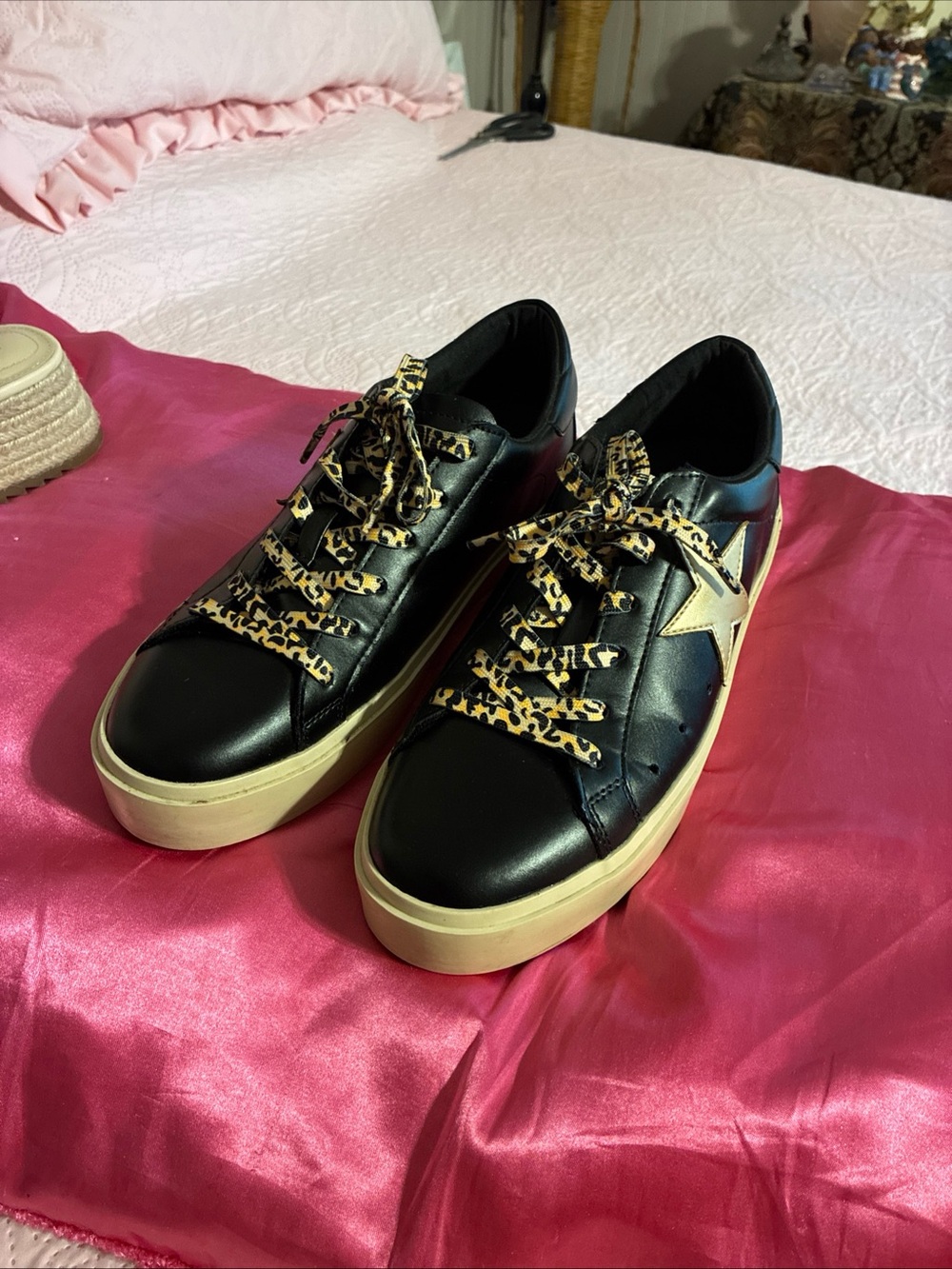 Black Platform Sneakers with Gold Star and Leopard Laces SHO SHOP!!